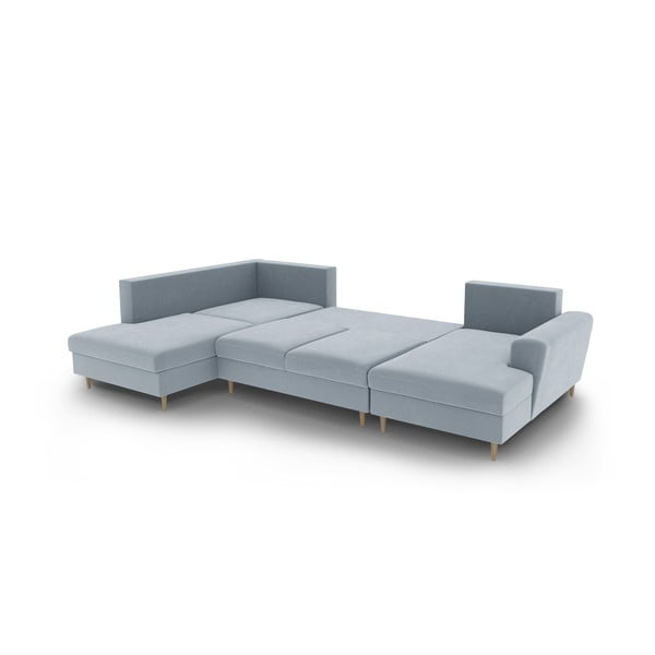 Светлосин кадифен разтегателен ъглов диван с място за съхранение (ляв ъгъл/U форма) Kyoto – Cosmopolitan Design-image-3