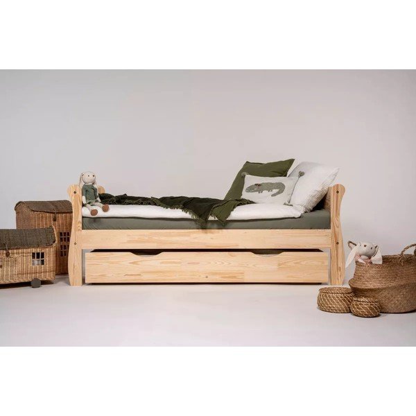 Детско разтегателно легло от масивен бор с място за съхранение с включена подматрачна рамка в естествен цвят 90x160 cm Roma – Adeko-image-2