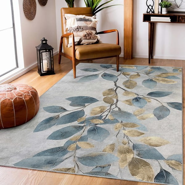 Светлосиньо-златист килим подходящ за пране 120x180 cm Golden Leaves – Mila Home-image-1