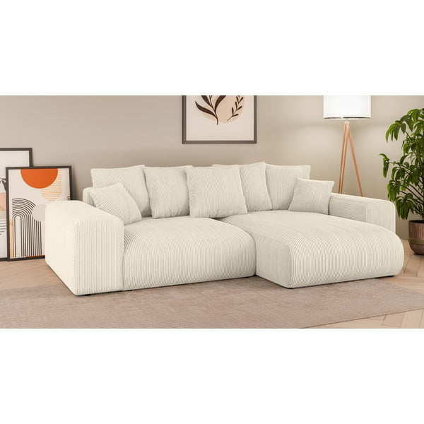 Кремав разтегателен ъглов диван с място за съхранение от рипсено кадифе (променлив) Luma – Ropez-image-1