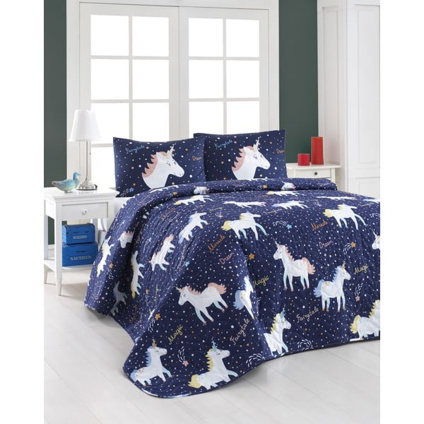 Комплект от ватирана покривка за легло и 2 калъфки за възглавници Eponj Home Magic Unicorn Dark Blue, 200 x 220 cm - Mijolnir