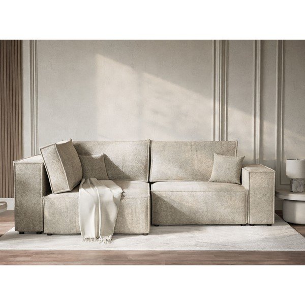 Бежов шенилов сгъваем/с място за съхранение ъглов диван (ляв ъгъл/L форма) Tonga – Maison de Rêve-image-1