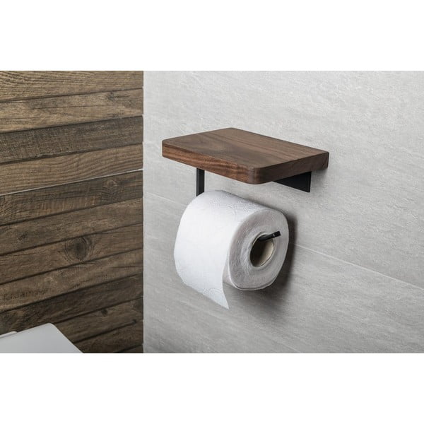 Кафяв стенен дървен  държач за тоалетна хартия с рафт – Sapho-image-1