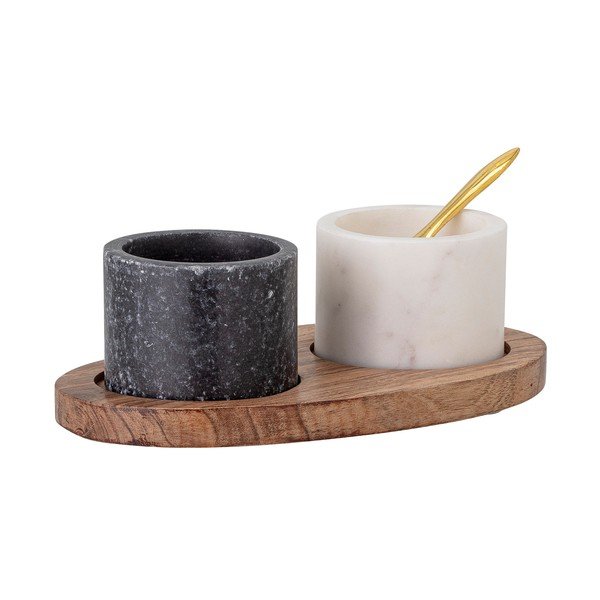 Мраморен комплект солница и пиперница с дървена табла и лъжица Florio - Bloomingville-image-1