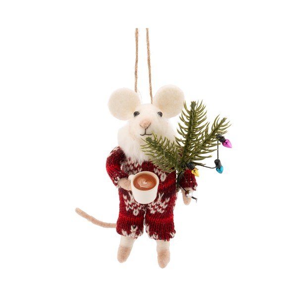 Текстилна Коледна украса 9 cm Mouse with Coffee – Sass & Belle