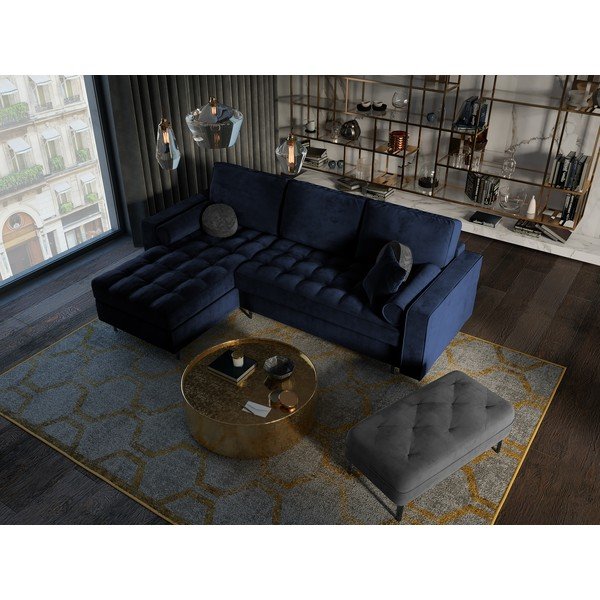 Ъглов разтегателен диван от синьо кадифе , ляв ъгъл Santo - Milo Casa-image-1