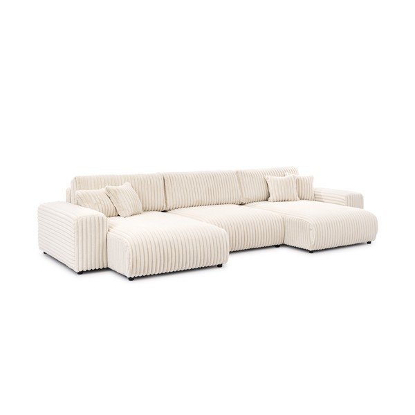 Кремав  разтегателен ъглов диван с място за съхранение от рипсено кадифе (U форма) Sarina – Ropez-image-3
