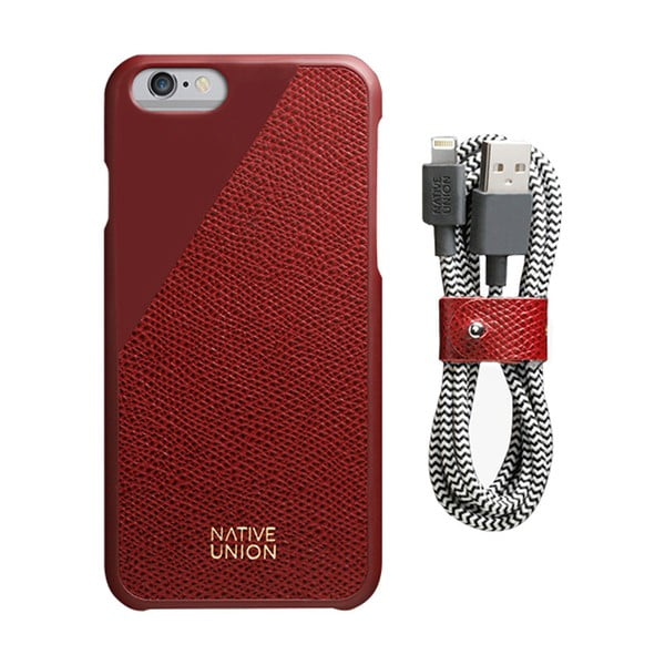 Тъмночервен комплект калъф и кабел за зареждане от естествена кожа за iPhone 6 и 6S Plus Clic Leather Belt - Native Union