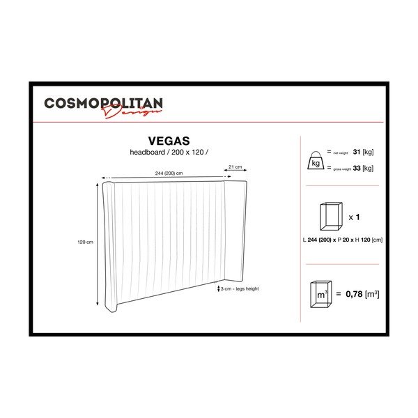 Сива табла за глава Vegas, 200 x 120 cm - Cosmopolitan Design-image-2