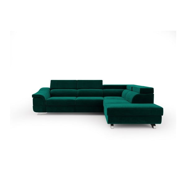 Бутилково зелен ъглов разтегателен диван с кадифена тапицерия Apollon, десен ъгъл - Windsor & Co Sofas
