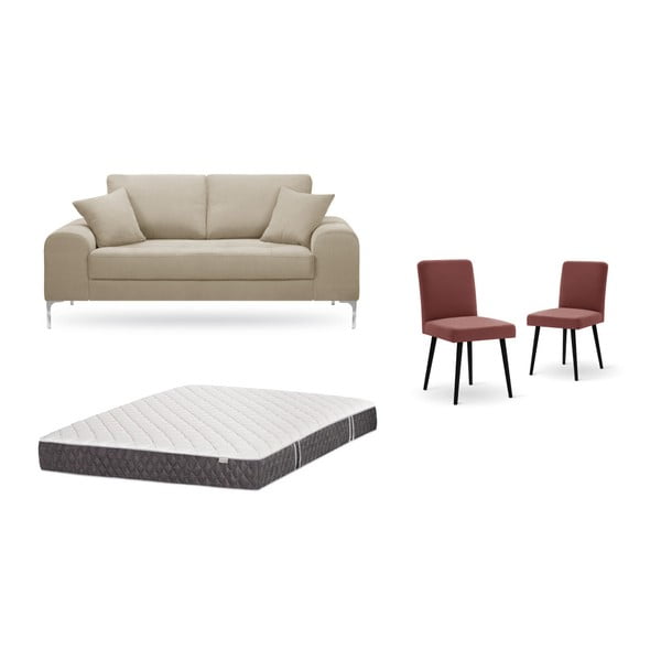 Комплект от двуместен сиво-бежов диван, 2 тухленочервени стола и матрак 140 x 200 cm - Home Essentials