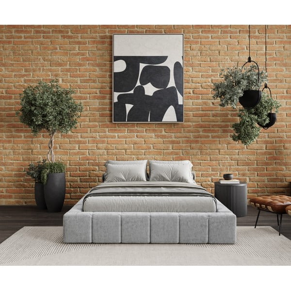 Светлосиво тапицирано двойно легло с място за съхранение с включена подматрачна рамка 160x200 cm Aruba L – Maison de Rêve-image-1