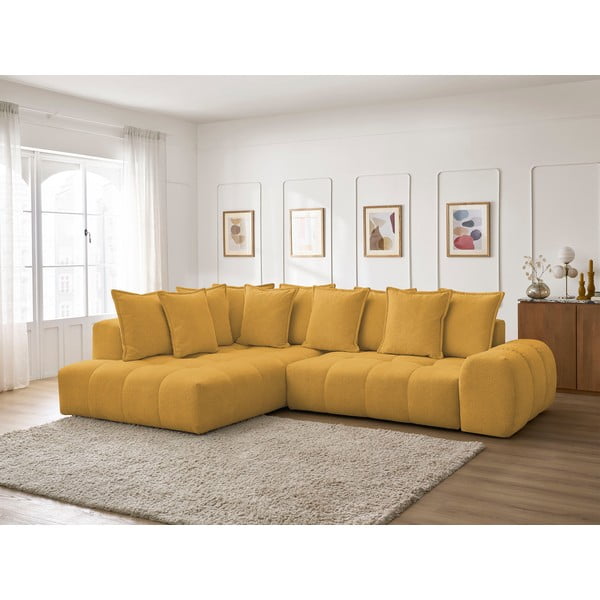 Шенилов сгъваем/с място за съхранение ъглов диван в цвят горчица (ляв ъгъл/L форма) Everest – Bobochic Paris-image-1