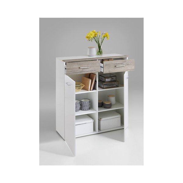 Bílá komoda o vysokém lesku s detaily v dekoru dubu Beijing-image-1