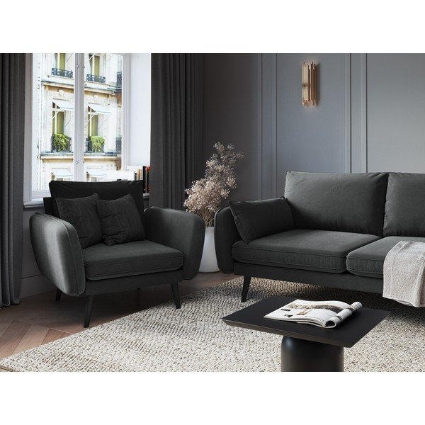 Тъмно сиво кадифено кресло с черни крака Lento - Kooko Home-image-1