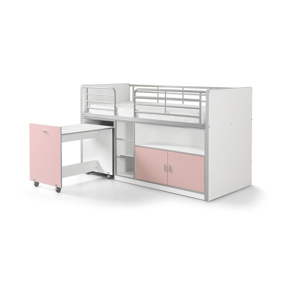 Двуетажно легло в бяло и розово с разтегателна маса и място за съхранение , 200 x 90 cm Bonny - Vipack
