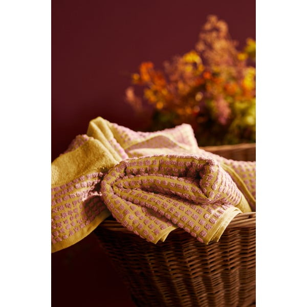 Жълтo-розова кърпа от органичен памук от тери 50x100 cm Check – JUNA-image-3