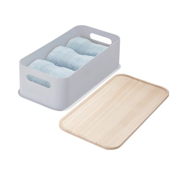 Сива кутия за съхранение с дръжки и капак, изработена от дърво от пауловния, 21,3 x 43 cm Eco - iDesign-image-4