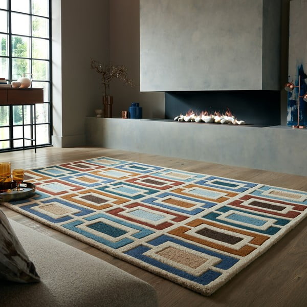 Ръчно изработен вълнен килим в син и оранжев цвят 160x230 cm Retro Blocks – Flair Rugs-image-1