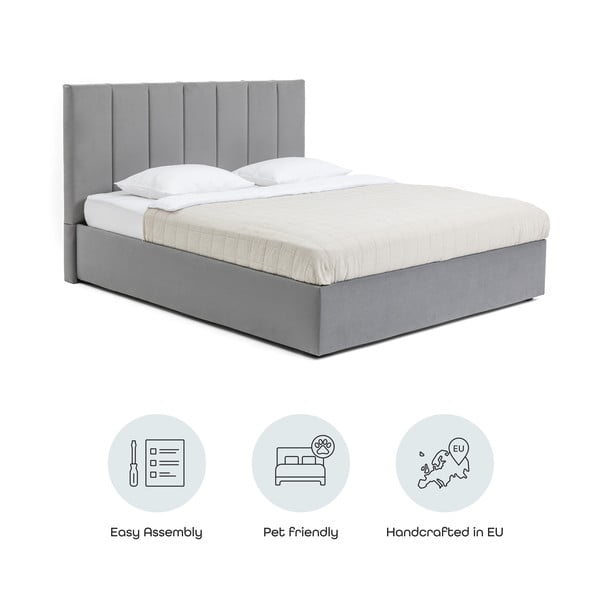 Сиво тапицирано двойно легло с място за съхранение и включена подматрачна рамка 160x200 cm Thessa Bold Line – Bonami Selection-image-4