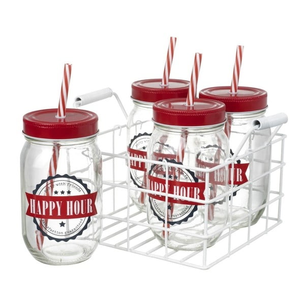 Комплект от 4 чаши със сламка и кошница Jar Red - Parlane