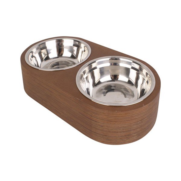 Комплект от 2 метални купички в тъмна дървена основа Pet, ширина 18 cm Dinner Time - PT LIVING-image-2