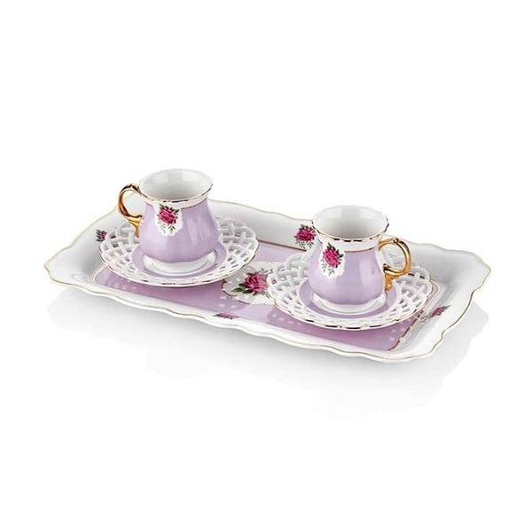Комплект от 2 лилави чаши за кафе с поднос от костен порцелан Eliz, 100 ml - The Mia