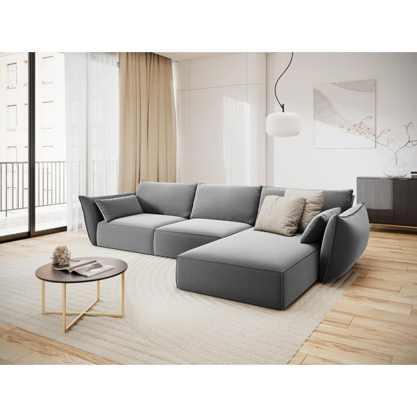 Светлосив кадифен ъглов диван (десен ъгъл) Vanda – Mazzini Sofas-image-1