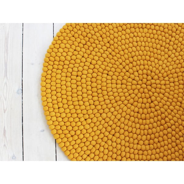 Килим от вълна с топчета в горчично жълто, ⌀ 90 cm Ball Rugs - Wooldot