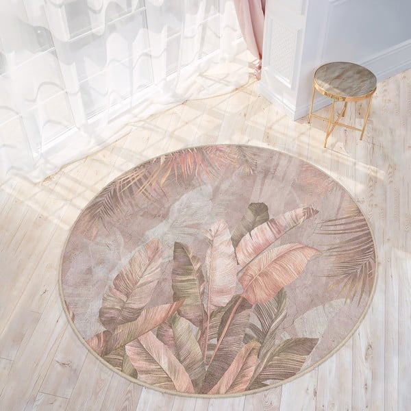 Светлорозов кръгъл килим подходящ за пране ø 100 cm Dusty Leaves – Mila Home-image-2