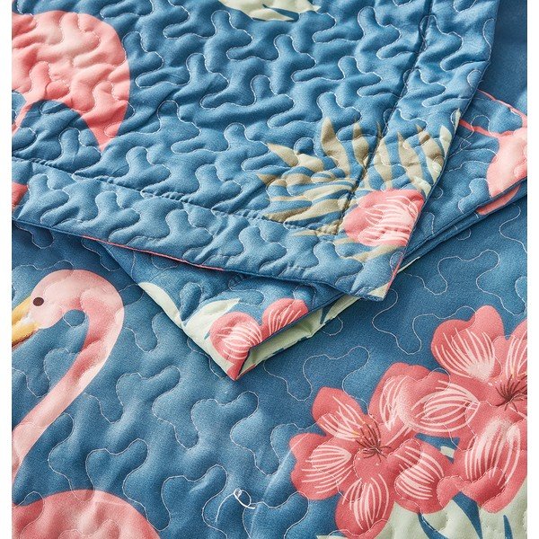 Modrý přehoz z mikroperkálu se dvěma povlaky na polštář Sleeptime Flamingo, 180 x 250 cm-image-2