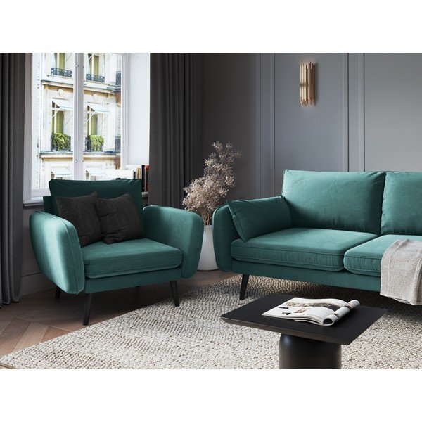 Петролно синьо кадифено кресло с черни крака Lento - Kooko Home-image-1