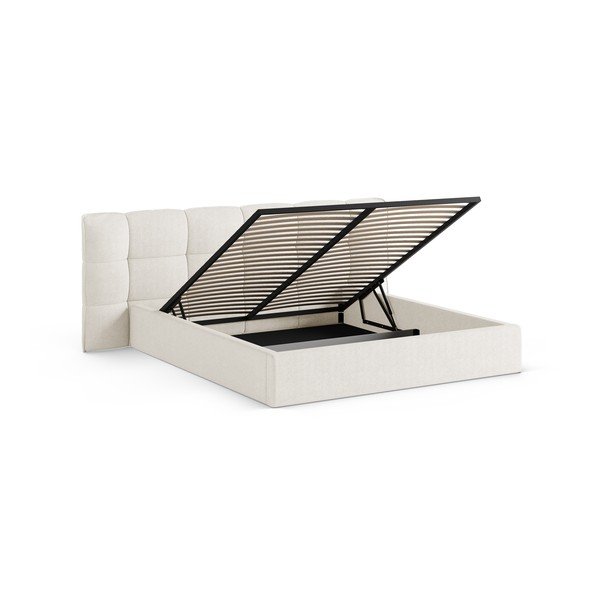 Двойно легло тапицирано с място за съхранение и включена подматрачна рамка  в цвят слонова кост 200x200 cm Eric – Micadoni -image-2