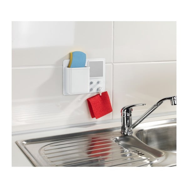 Бял силиконов органайзер за стена с кукички и огледало Ampio - Wenko-image-1