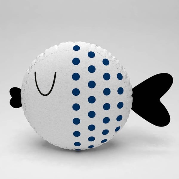 Bílý polštářek s tmavě modrými puntíky Fishie, ⌀ 32 cm