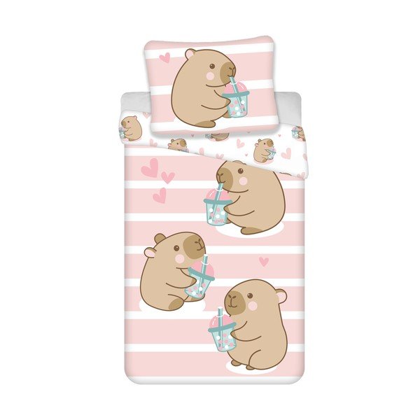 Розово единично  памучно детско спално бельо 140x200 cm Kapybara – Jerry Fabrics