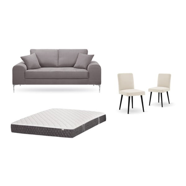 Комплект от двуместен кафяв диван, 2 кремави стола и матрак 140 x 200 cm - Home Essentials