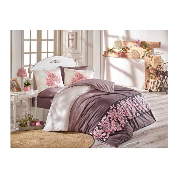 Памучно спално бельо с чаршаф за двойно легло Martina Beige, 200 x 220 cm - Mijolnir