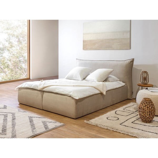 Бежово тапицирано двойно легло с решетка и място за съхранение 180x200 cm Jade - Bobochic Paris-image-1