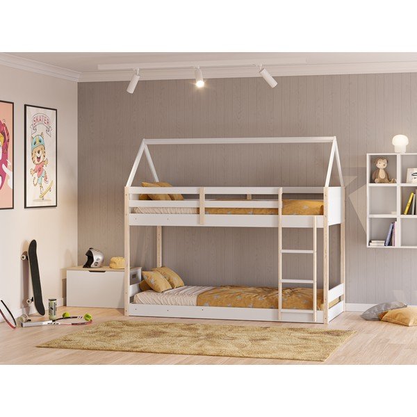 Двуетажно детско легло тип къща в бял и естествен цвят 90x190 cm Valka – Marckeric-image-1