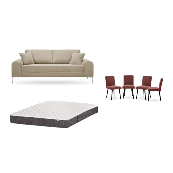 Комплект от триместен сиво-бежов диван, 4 тухленочервени стола и матрак 160 x 200 cm - Home Essentials