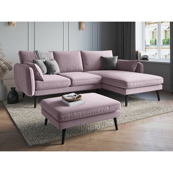 Светлорозов ъглов диван от кадифе с черни крака, десен ъгъл Lento - Kooko Home-image-1