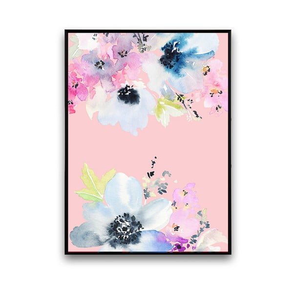 Plakát s modrými květinami, růžové pozadí, 30 x 40 cm
