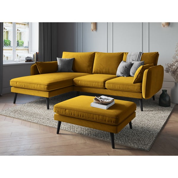 Табуретка за крака от жълто кадифе с черни крака Lento - Kooko Home-image-1