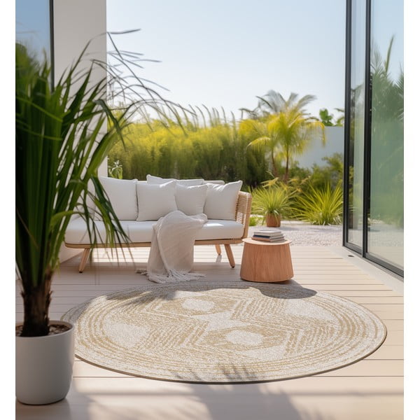 Външен кръгъл килим в цвят жълта охра и кремаво ø 140 cm Gemini – Elle Decoration-image-1