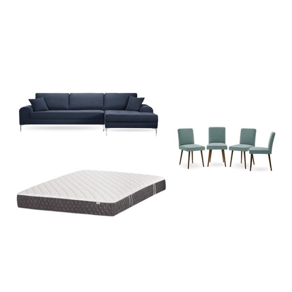 Комплект от тъмносин диван с мързелив диван отдясно, 4 сиво-зелени стола и матрак 160 x 200 cm - Home Essentials