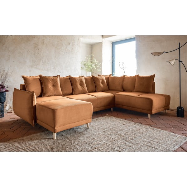 Ъглов разтегателен диван от велур в тухлен цвят (десен ъгъл/U-образна форма) Lazy Lukka - Miuform-image-3