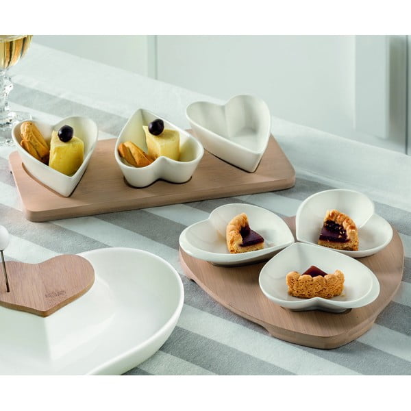 Комплект от 3 порцеланови чаши за сервиране върху бамбукова табла Hearts - Brandani-image-1