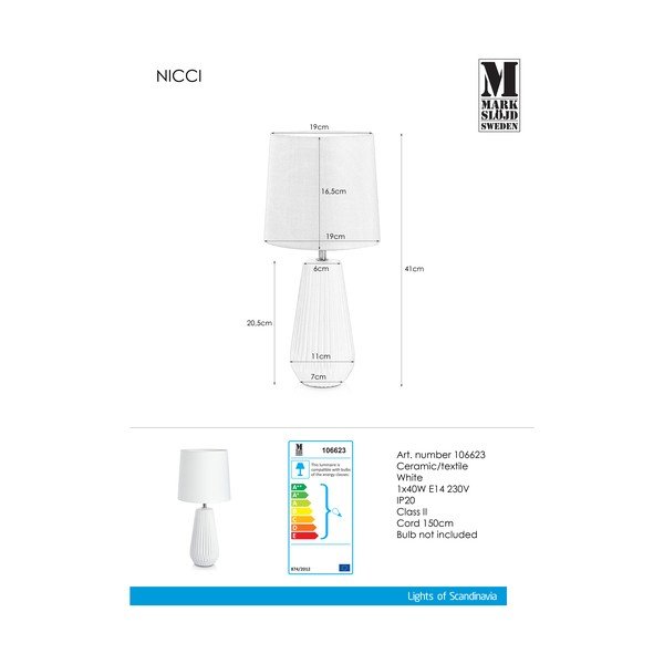 Бяла настолна лампа , ø 19 cm Nicci - Markslöjd-image-1