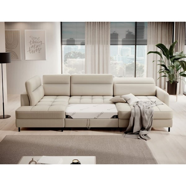 Бежов кадифен разтегателен ъглов диван с място за съхранение (ляв ъгъл U форма) Berrto – ELTAP-image-4